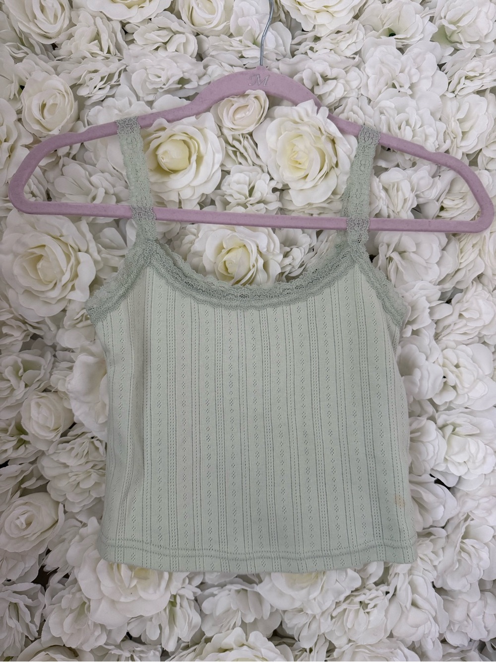 Urban Outfitters Light Sage Lace-Trim Ribbed Tank Top